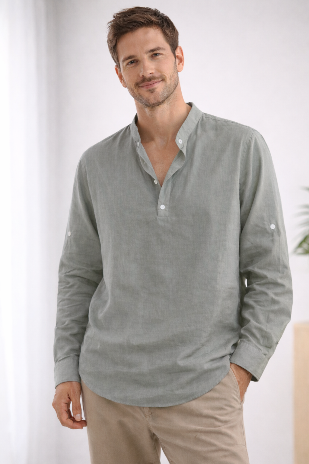 Elegantes Herren Hemd | Langarm Henley mit Bandkragen 5