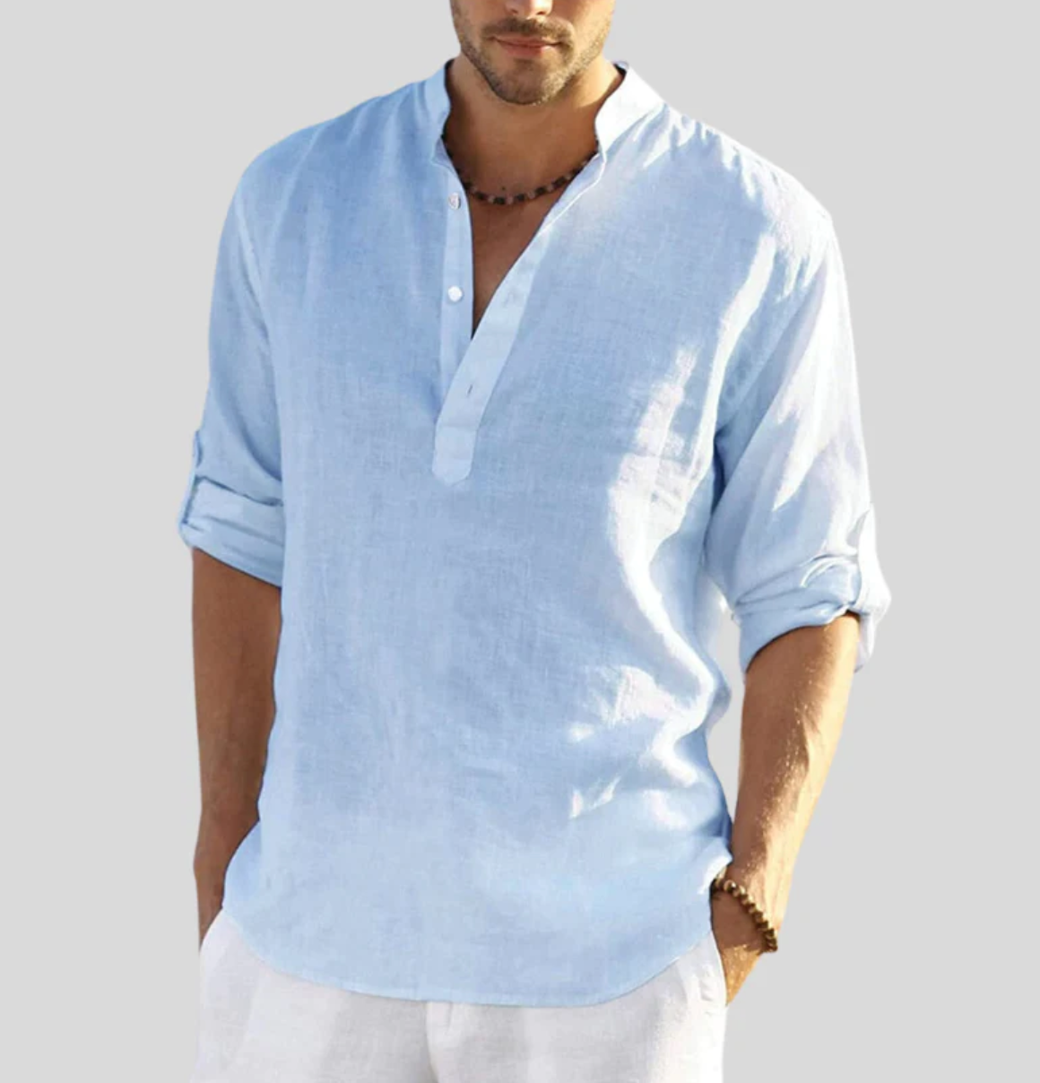 Elegantes Herren Hemd | Langarm Henley mit Bandkragen 7