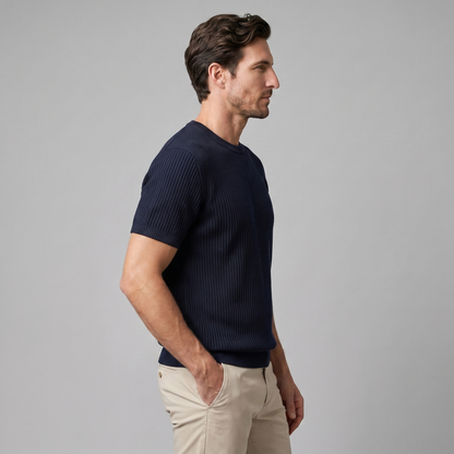 Geripptes Strick-T-Shirt Herren | Rundhalsausschnitt Lässig 10