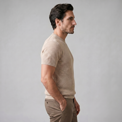 Geripptes Strick-T-Shirt Herren | Rundhalsausschnitt Lässig 2