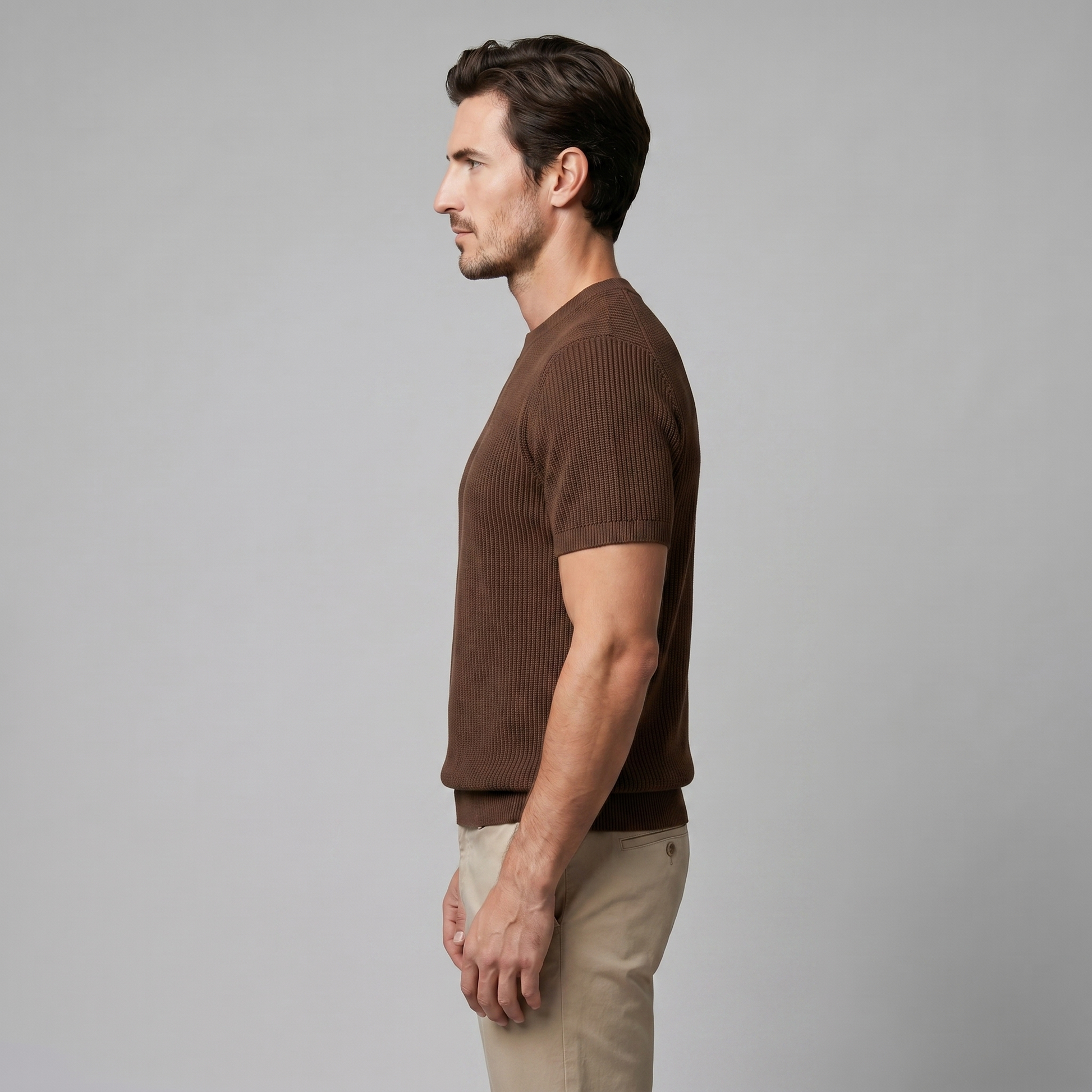 Geripptes Strick-T-Shirt Herren | Rundhalsausschnitt Lässig 6