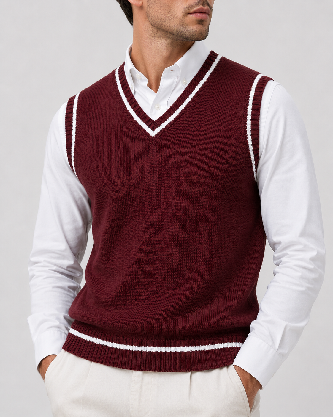 Gestrickte Pulloverweste Herren mit V-Ausschnitt und geripptem Saum 3