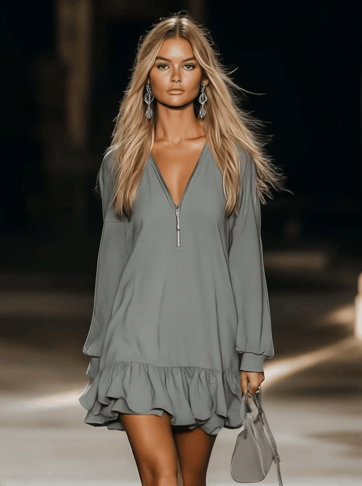 Graues Minikleid mit V-Ausschnitt | Lässige Kleider Damen 1