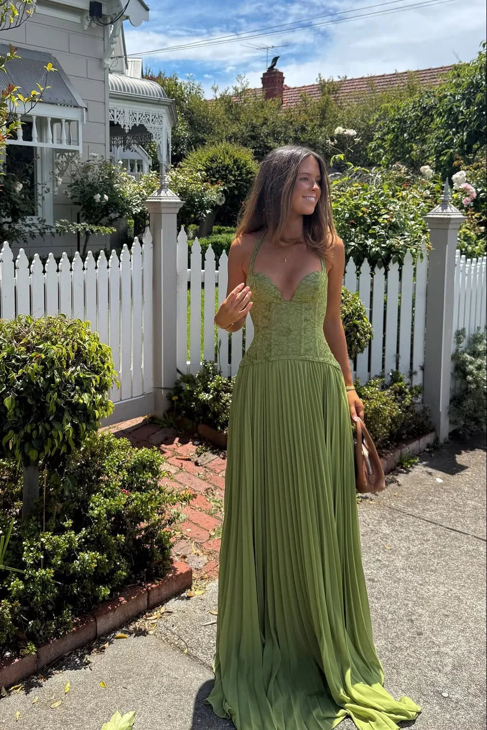 Grünes Faltenkorsettkleid Damen | Langes Abendkleid 1