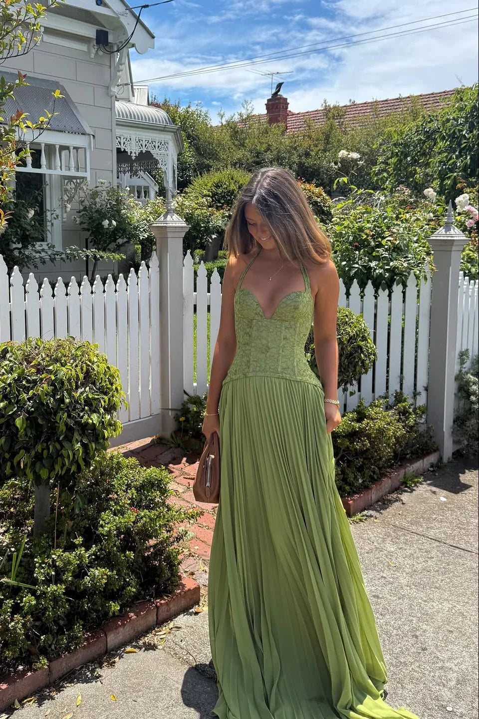 Grünes Faltenkorsettkleid Damen | Langes Abendkleid 2