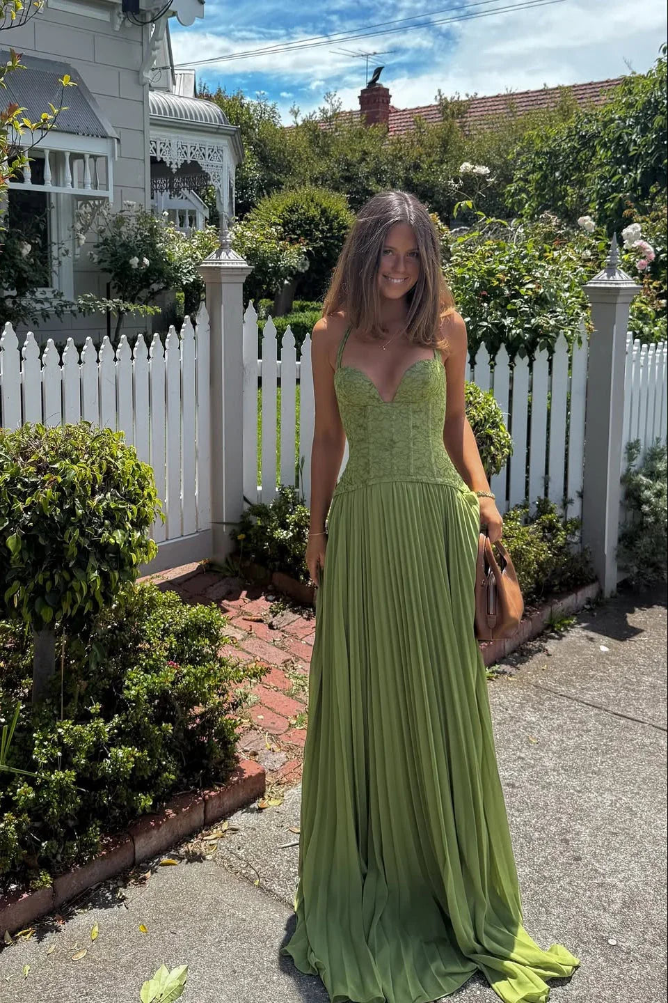 Grünes Faltenkorsettkleid Damen | Langes Abendkleid 3