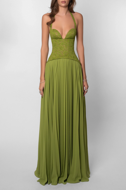 Grünes Faltenkorsettkleid Damen | Langes Abendkleid 4