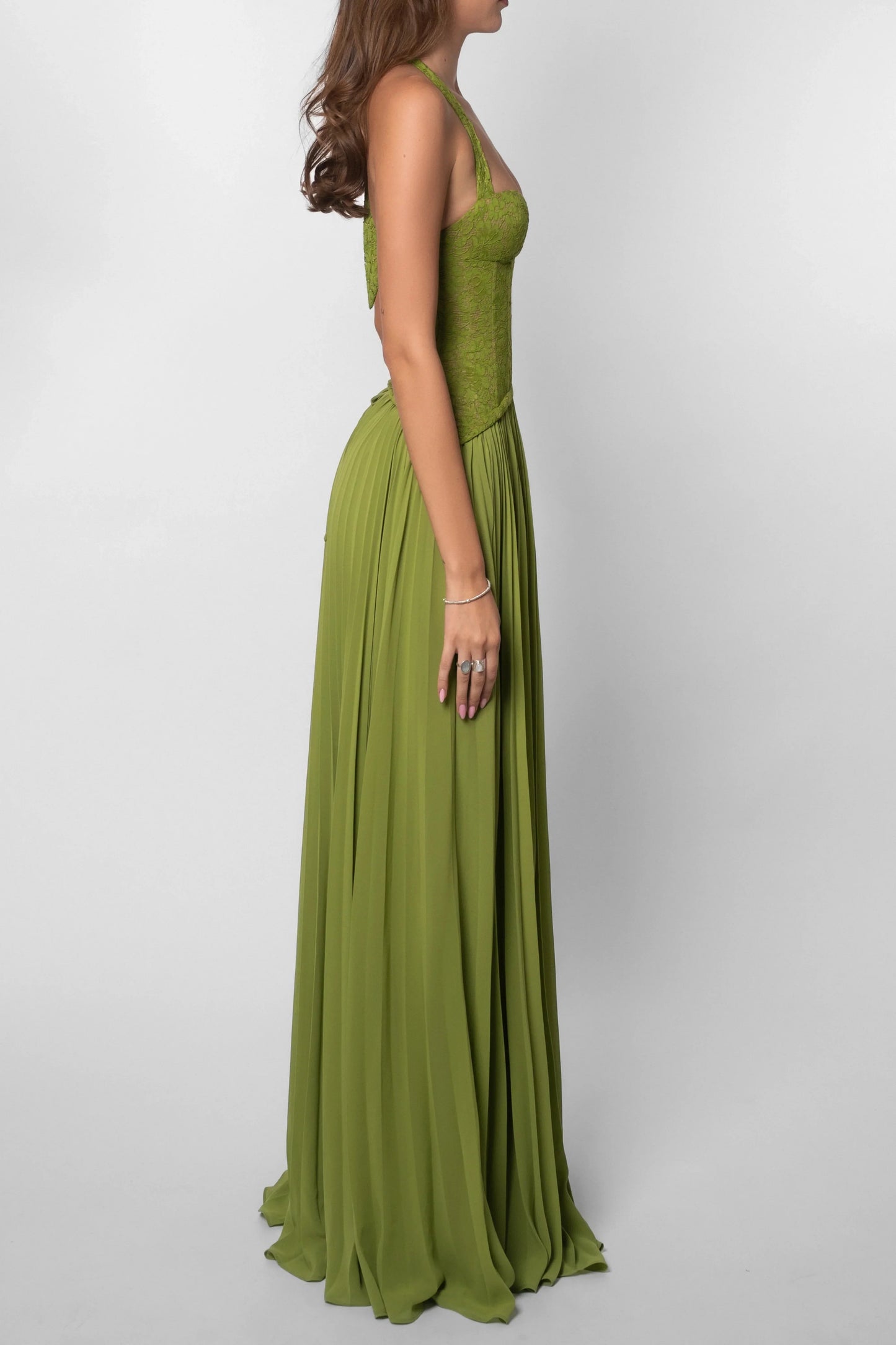 Grünes Faltenkorsettkleid Damen | Langes Abendkleid 6