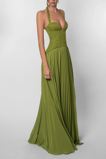 Grünes Faltenkorsettkleid Damen | Langes Abendkleid 7