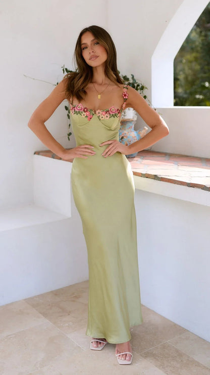 Hellgrünes Maxikleid mit Blumenträgern | Sommerkleider Lang 0