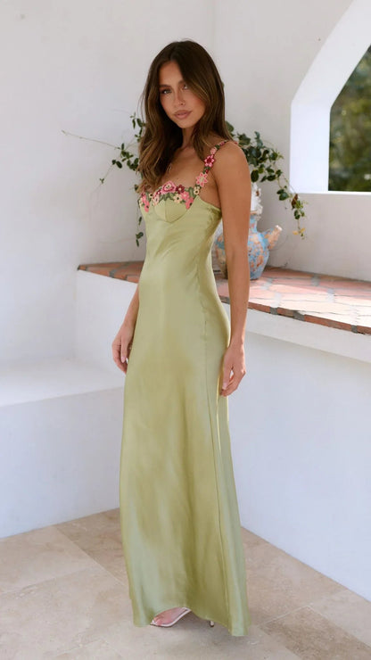 Hellgrünes Maxikleid mit Blumenträgern | Sommerkleider Lang 3