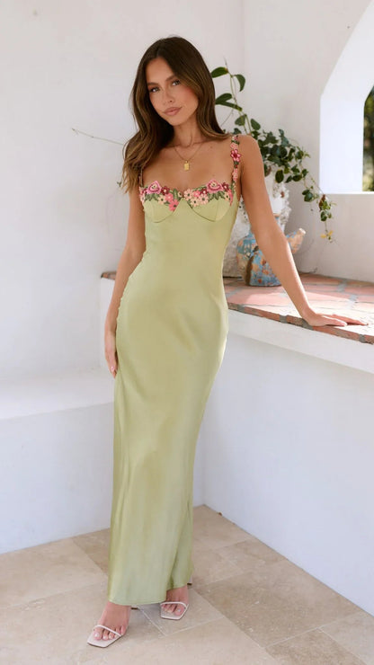 Hellgrünes Maxikleid mit Blumenträgern | Sommerkleider Lang 5