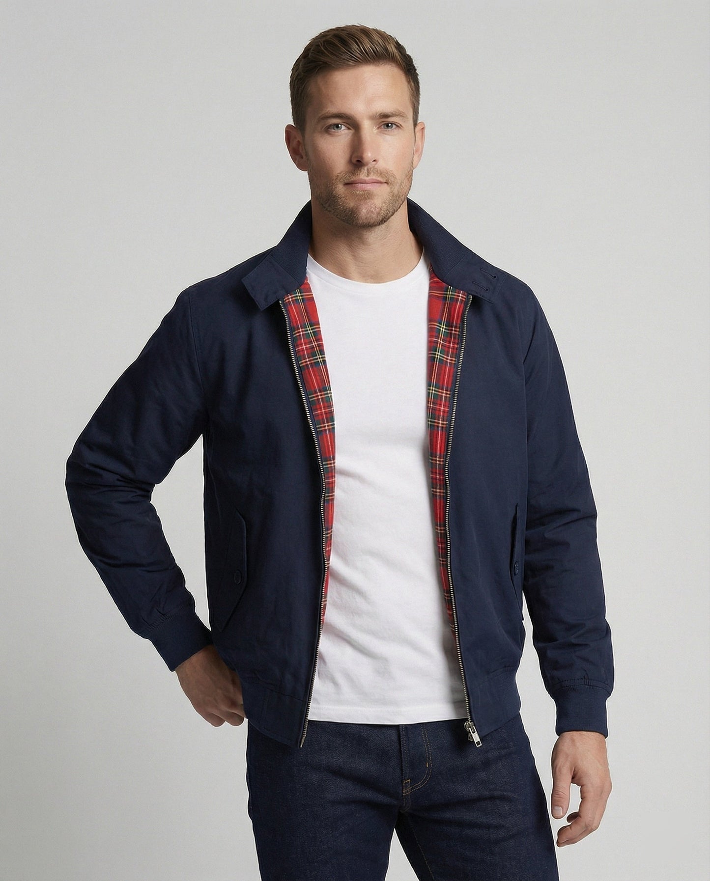 Herren Harrington-Jacke mit Reißverschluss und Karomuster-Futter 0