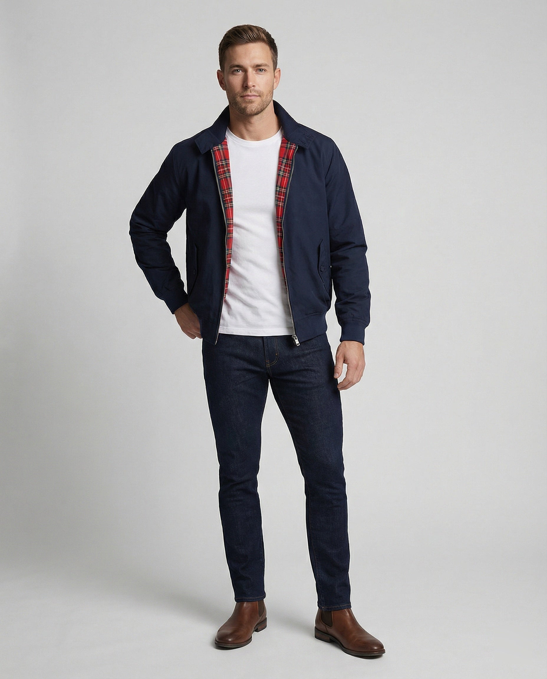 Herren Harrington-Jacke mit Reißverschluss und Karomuster-Futter 1