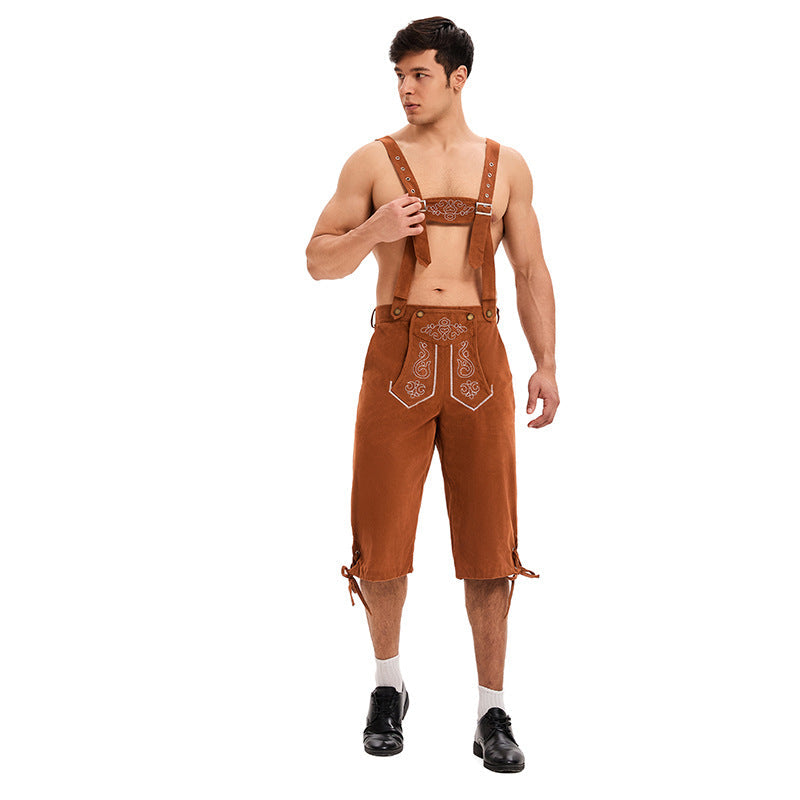Herren Lederhose Knielang mit Besticktem Brustlatz und Verstellbaren Trägern 2