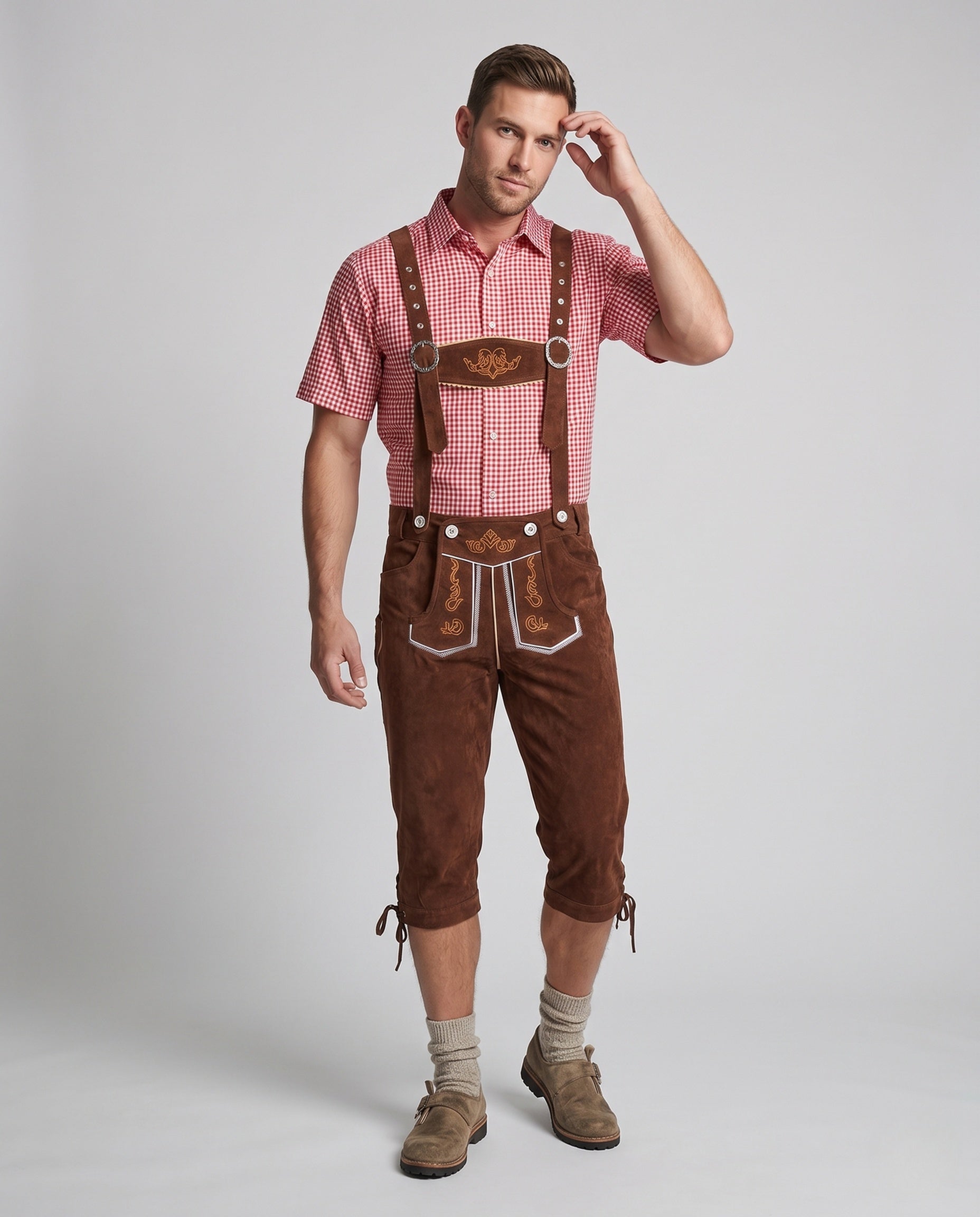Herren Lederhose mit Verzierten Trägern | Trachtenhose Herren 1