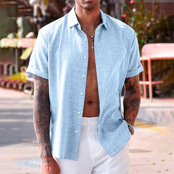 Herren Leinenhemd Kurzarm Luftige Passform Sommerhemd 4