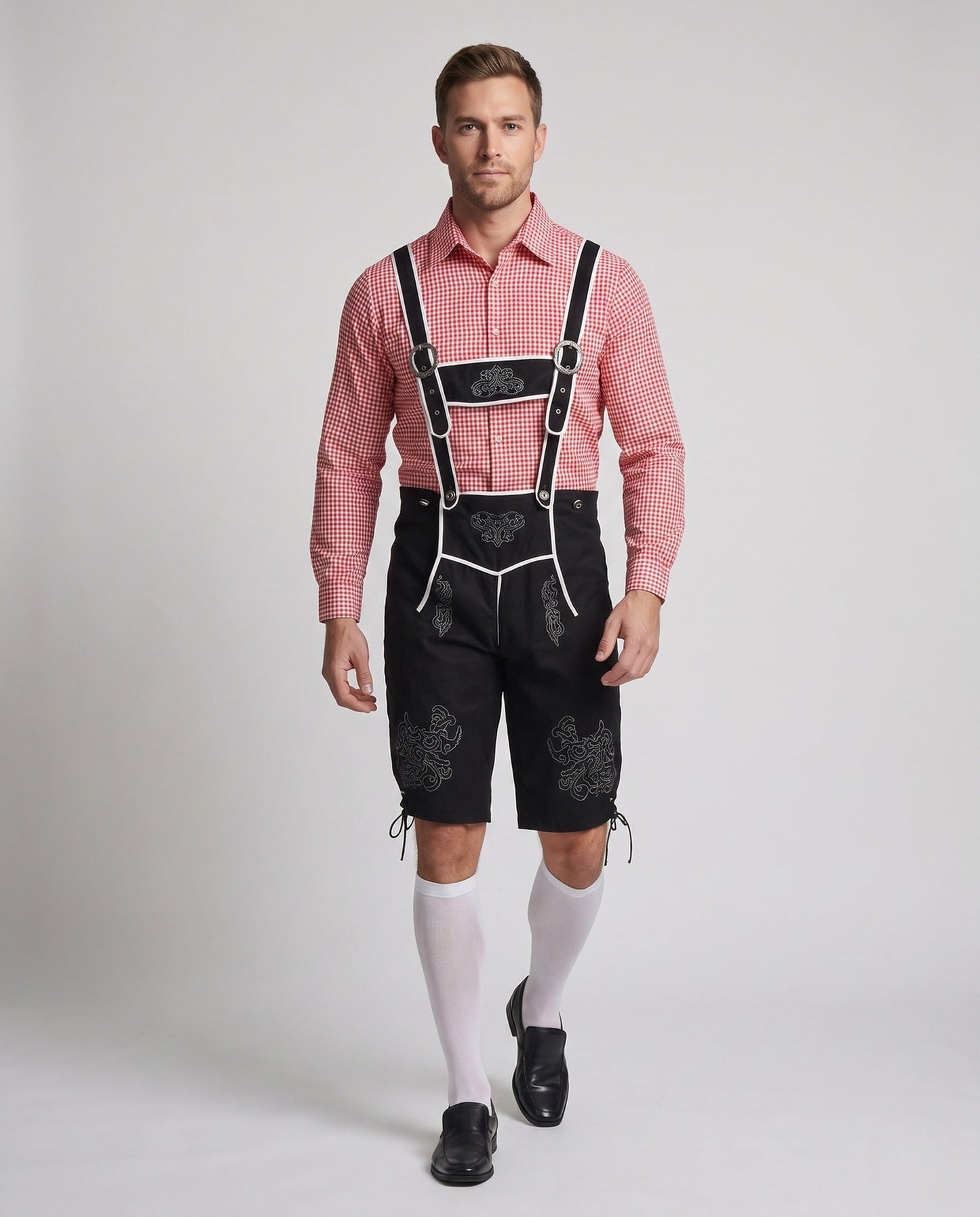 Herren Trachten-Lederhose mit verzierten Trägern aus Leder 1