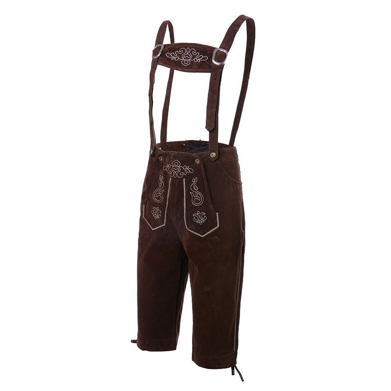 Herren Wildleder Lederhose mit bestickten Trägern Kniebund 0