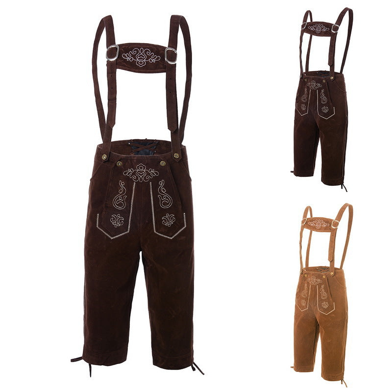 Herren Wildleder Lederhose mit bestickten Trägern Kniebund 1