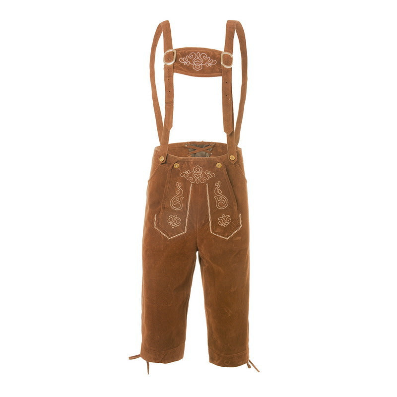 Herren Wildleder Lederhose mit bestickten Trägern Kniebund 3