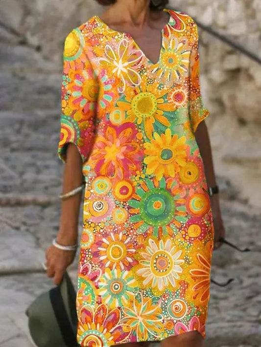 Kleid mit Blumendruck und V-Ausschnitt | Damen Frühlingskleid 0