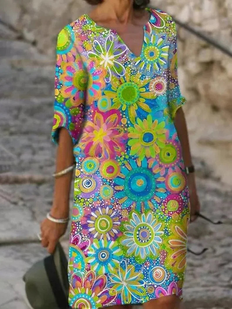 Kleid mit Blumendruck und V-Ausschnitt | Damen Frühlingskleid 1
