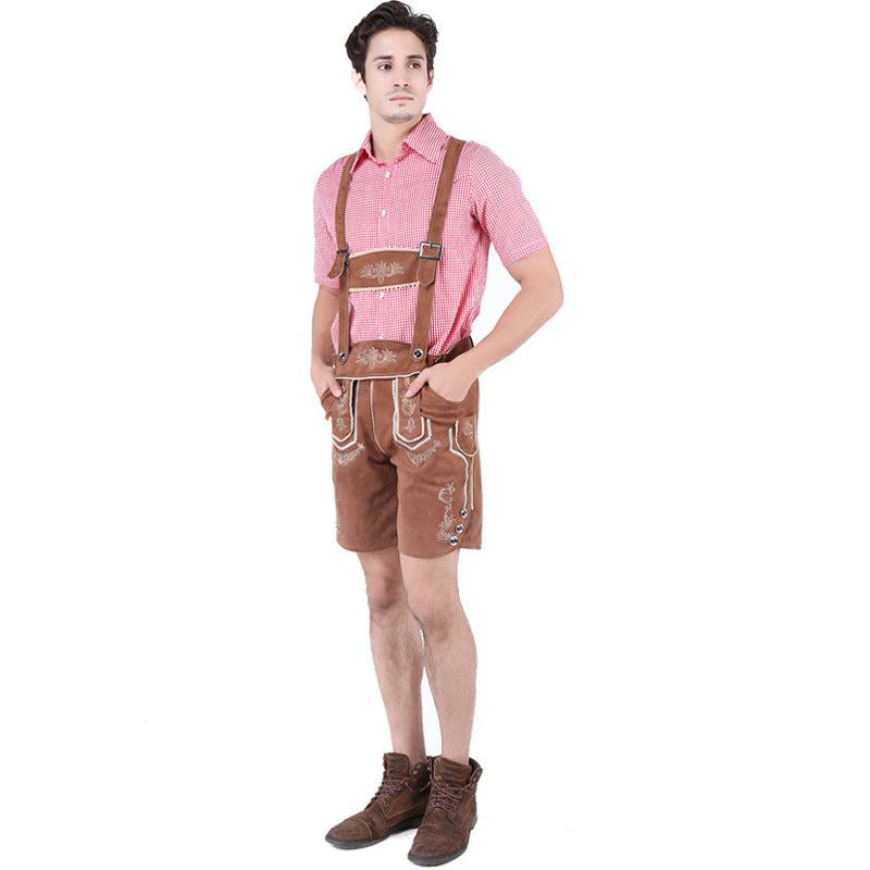 Kurze Herren Trachtenlederhose mit Latzträgern und Stickerei 1