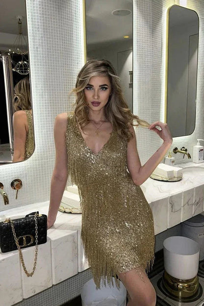 Kurzes Paillettenkleid Damen mit Fransen | Abendkleid 0