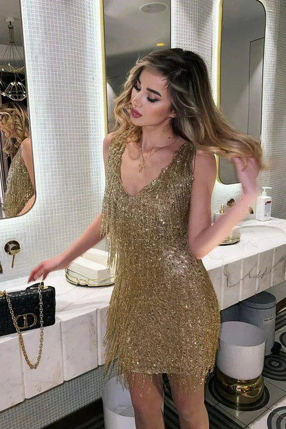 Kurzes Paillettenkleid Damen mit Fransen | Abendkleid 4