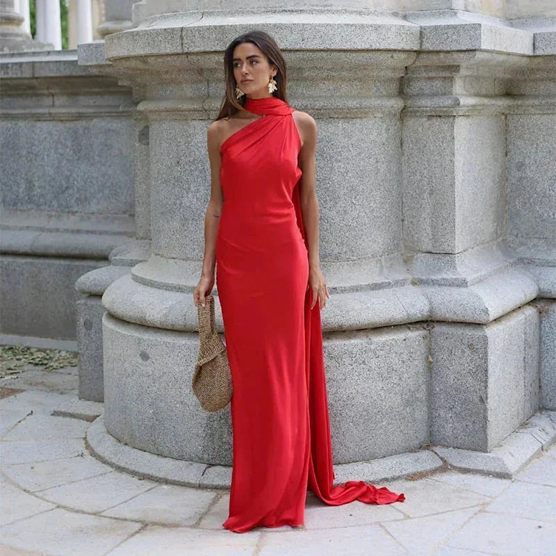 Langes Drapiertes Damenkleid | Elegantes Abendkleid mit Einem Träger 10