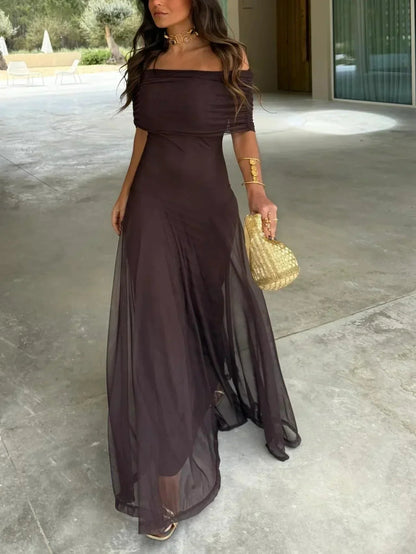 Langes Kleid mit nackten Schultern in Schokoladenbraun 0