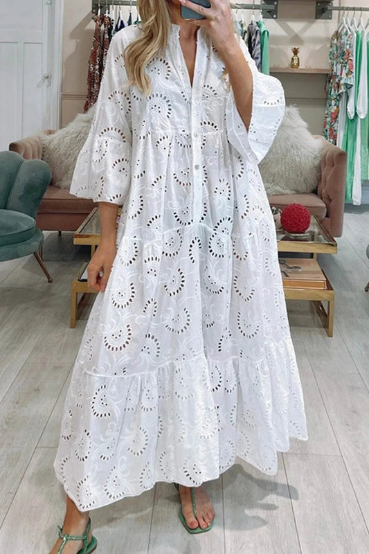 Langes Sommerkleid mit V-Ausschnitt und 3/4-Ärmeln 0