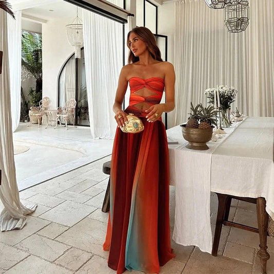 Langes trägerloses Sommerkleid Rot Orange Damen 0