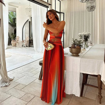 Langes trägerloses Sommerkleid Rot Orange Damen 1