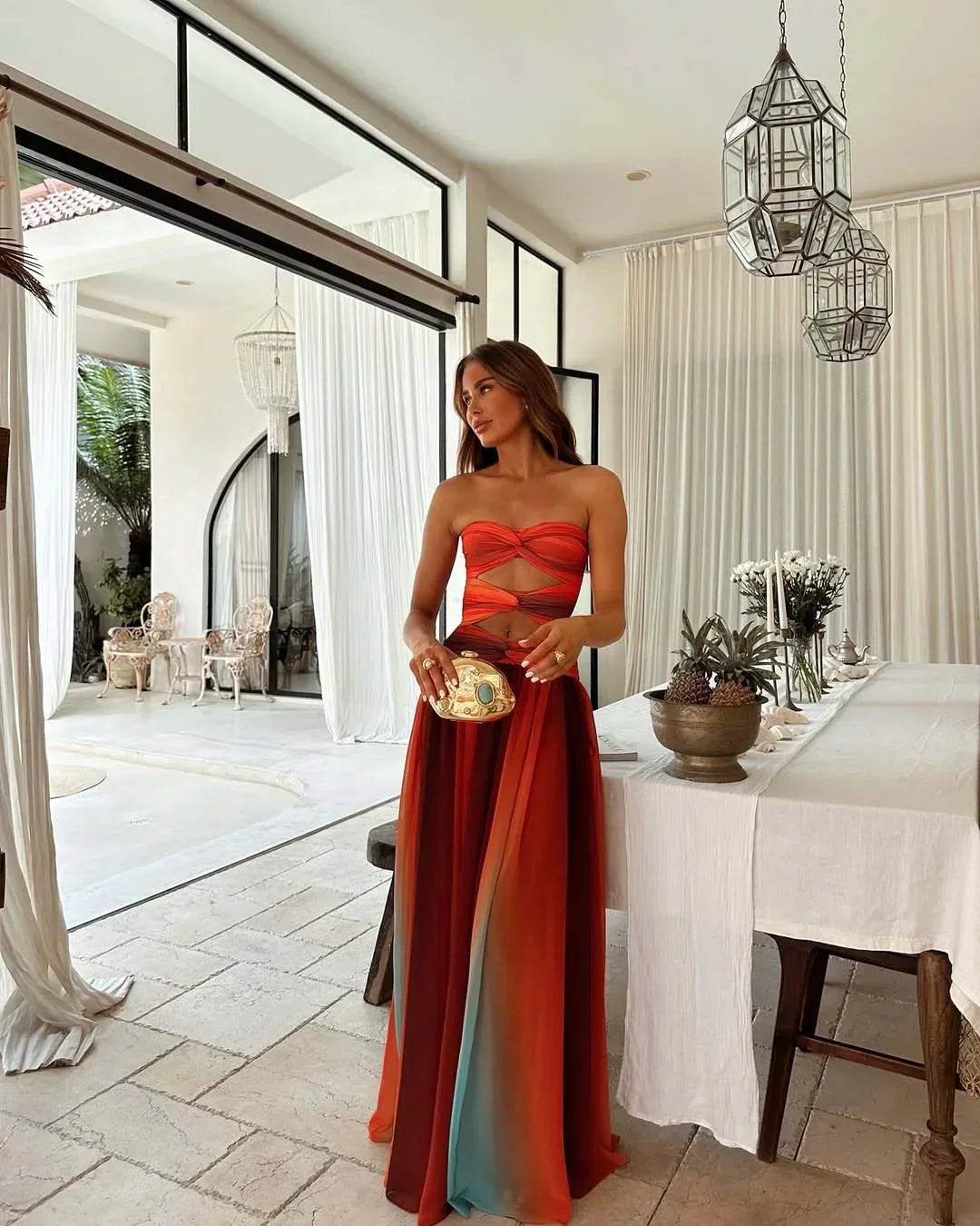 Langes trägerloses Sommerkleid Rot Orange Damen 2