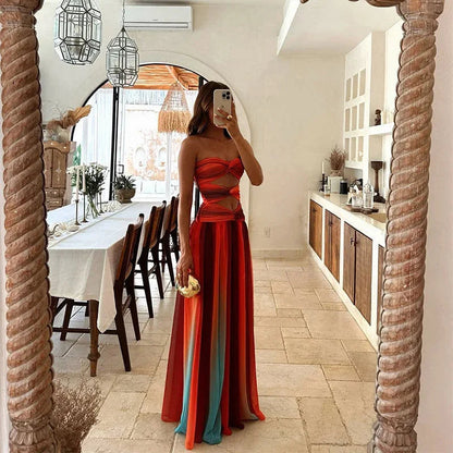 Langes trägerloses Sommerkleid Rot Orange Damen 3