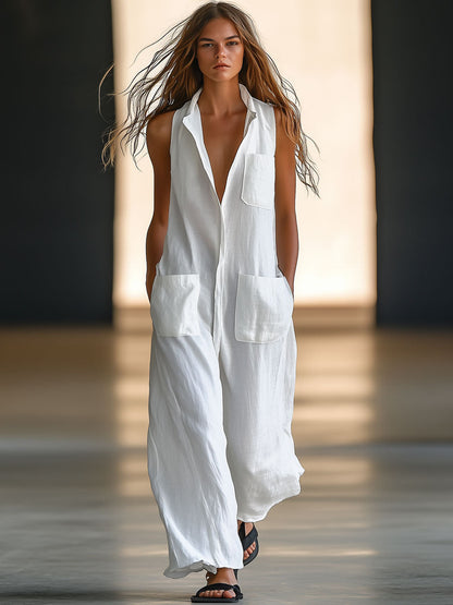 Lässiger Retro-Jumpsuit Weiß | Ärmelloser Leinen-Overall Damen 0