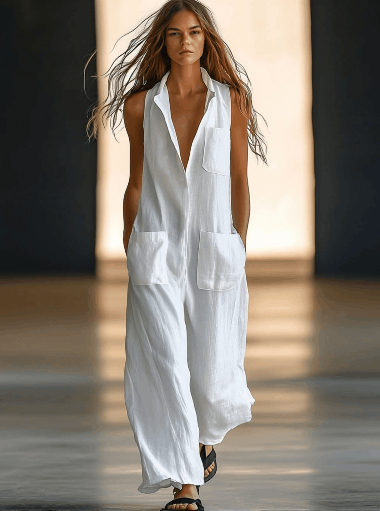 Lässiger Retro-Jumpsuit Weiß | Ärmelloser Leinen-Overall Damen 1