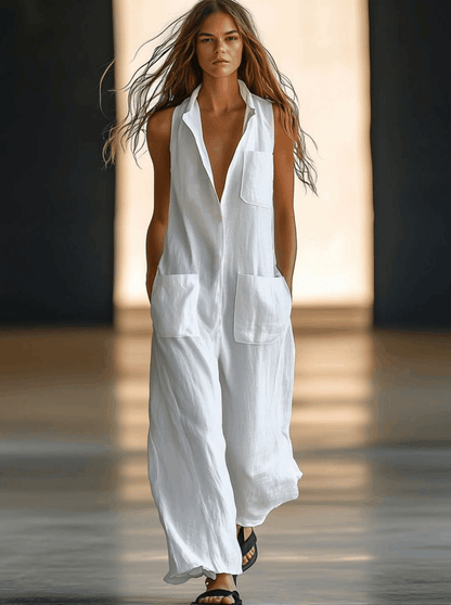 Lässiger Retro-Jumpsuit Weiß | Ärmelloser Leinen-Overall Damen 1