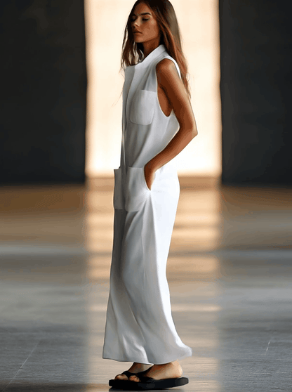 Lässiger Retro-Jumpsuit Weiß | Ärmelloser Leinen-Overall Damen 2