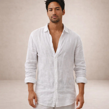 Leinenhemd Herren Regular Fit Offener Kragen Langarm 3