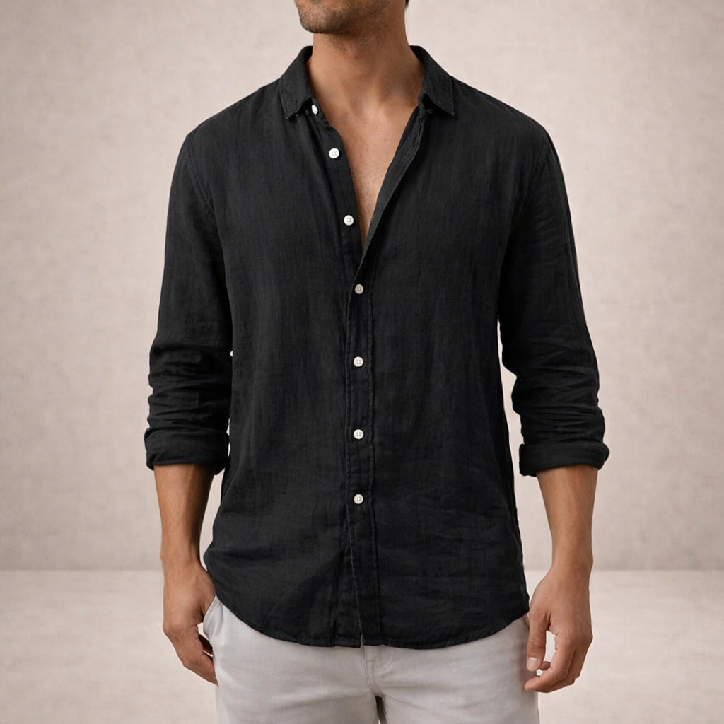 Leinenhemd Herren Regular Fit Offener Kragen Langarm 6