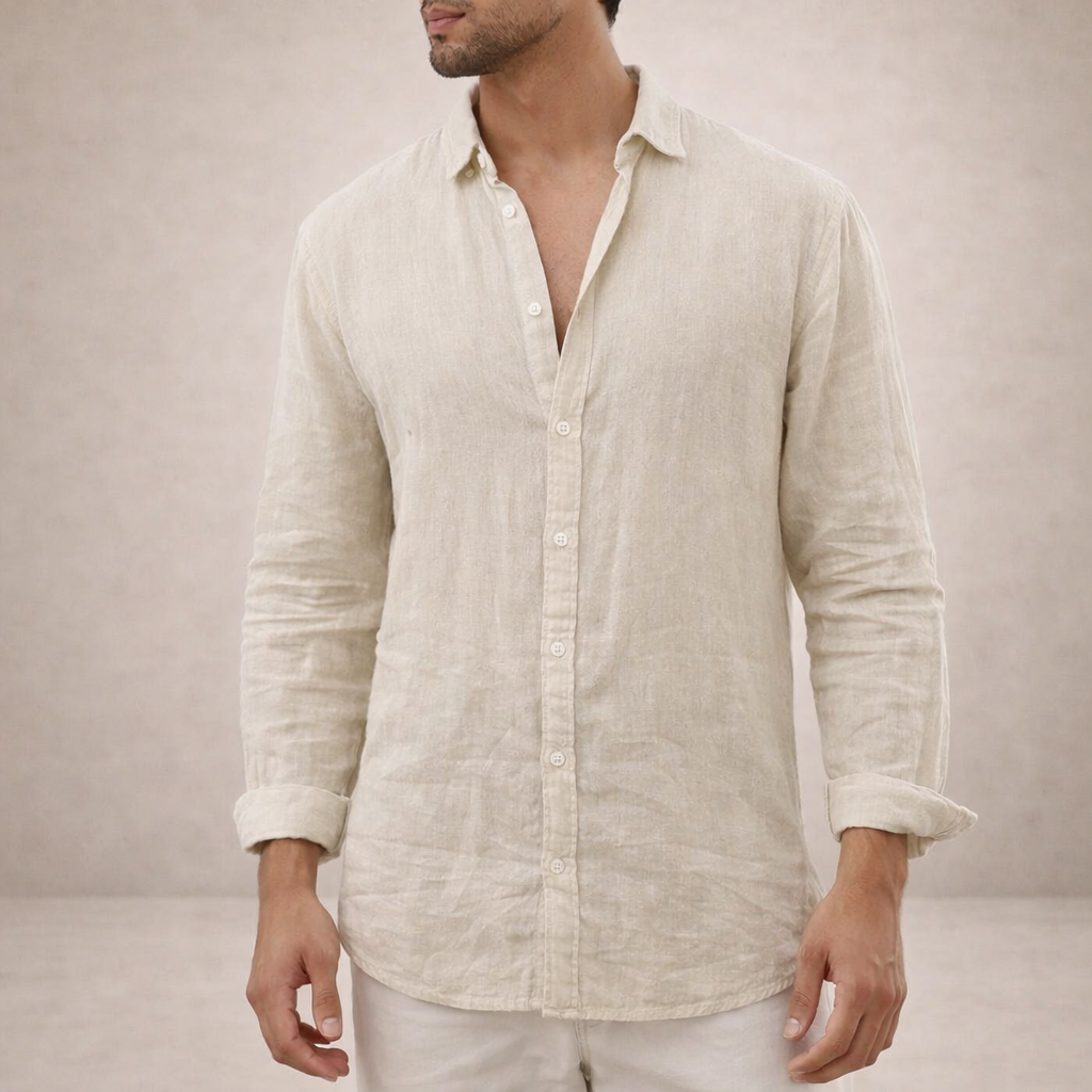 Leinenhemd Herren Regular Fit Offener Kragen Langarm 8