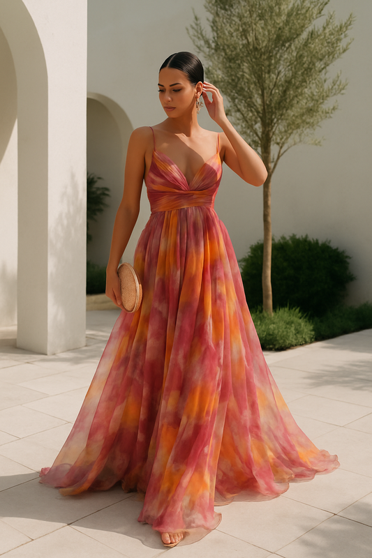 Mehrfarbiges V-Ausschnitt Kleid | Festliches Damenkleid 0