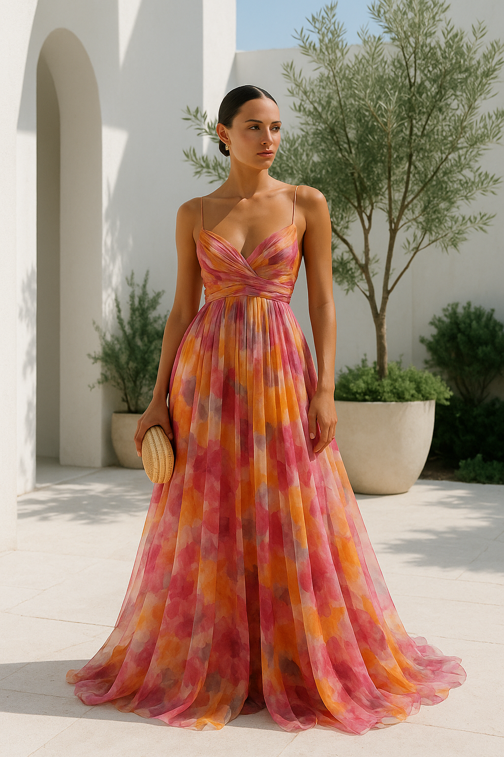Mehrfarbiges V-Ausschnitt Kleid | Festliches Damenkleid 2