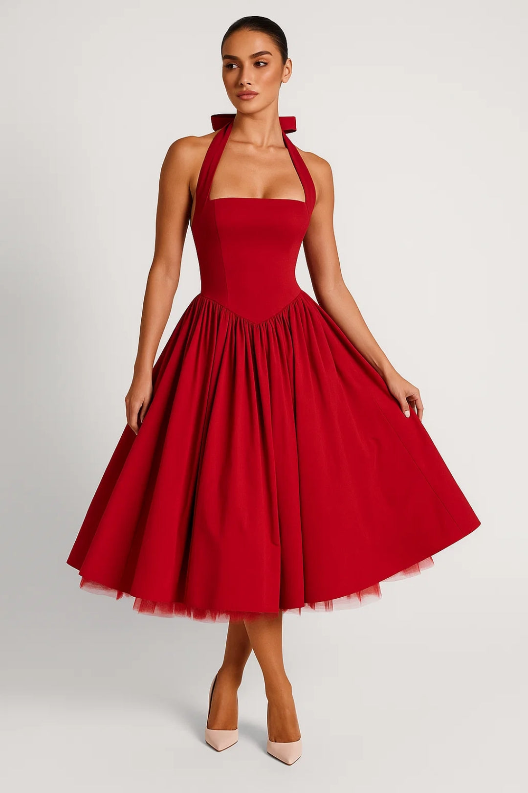 Midikleid Damen Neckholder A-Linie Festliches Kleid 4
