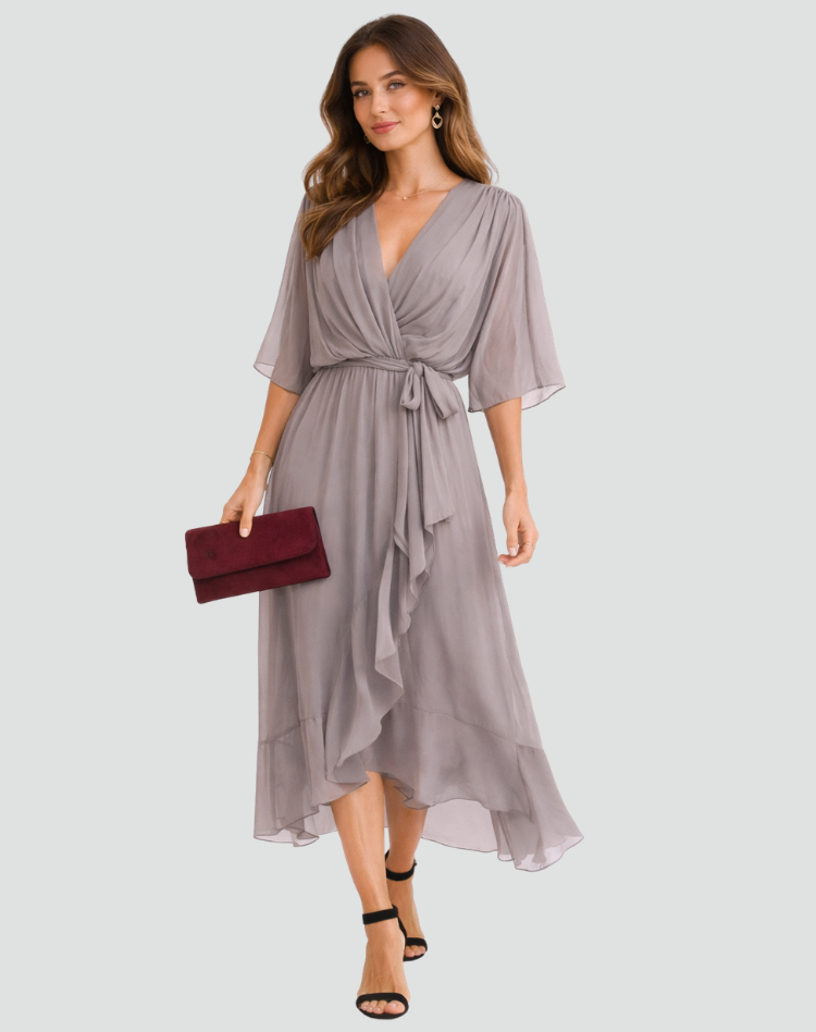 Midikleid Damen Wickelausschnitt Taillenschleife Gala 0