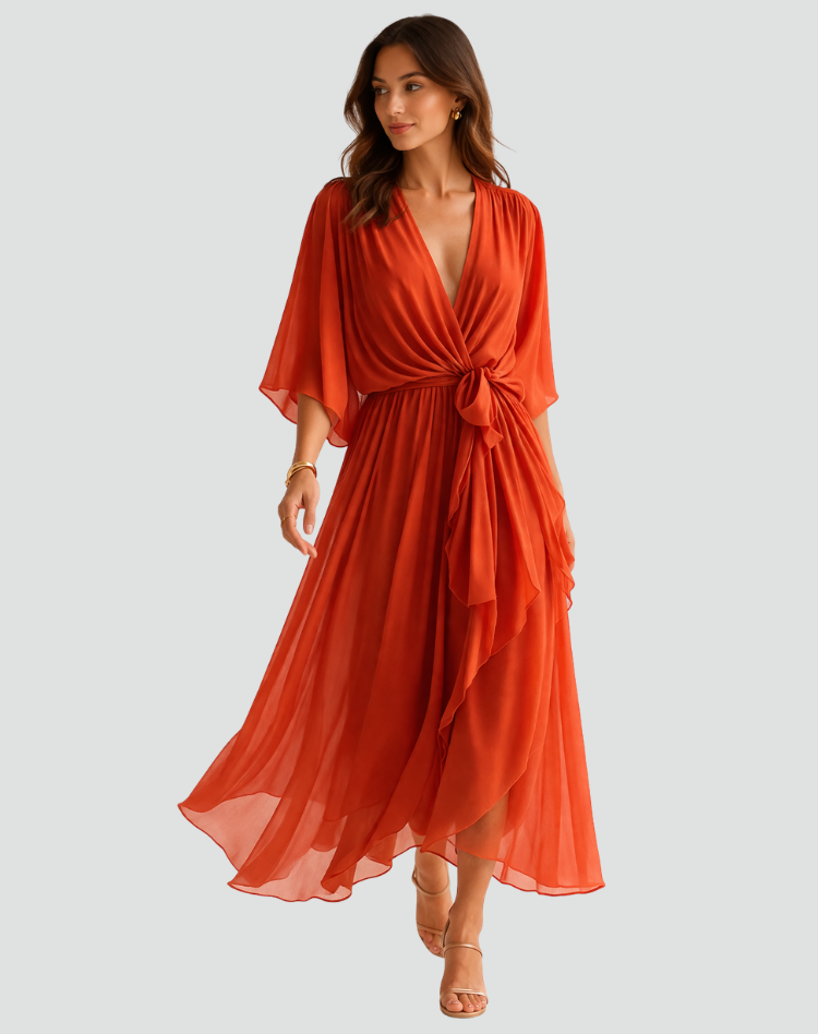 Midikleid Damen Wickelausschnitt Taillenschleife Gala 1