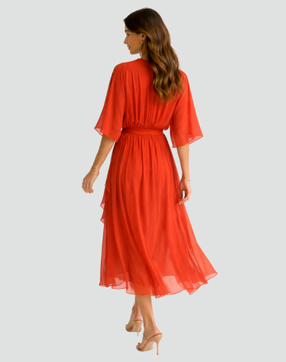 Midikleid Damen Wickelausschnitt Taillenschleife Gala 10